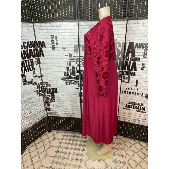 Susan Graver Studio M Maroon Floral Flocked Bodice Long Sleeve Long Dress - Picture 5 of 6